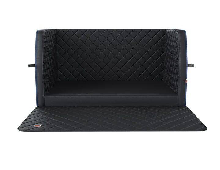 padsforall®* Autohundebett Schwarzes Polyurethan (PU)-Leder mit blauer Bordierung, Größe: M