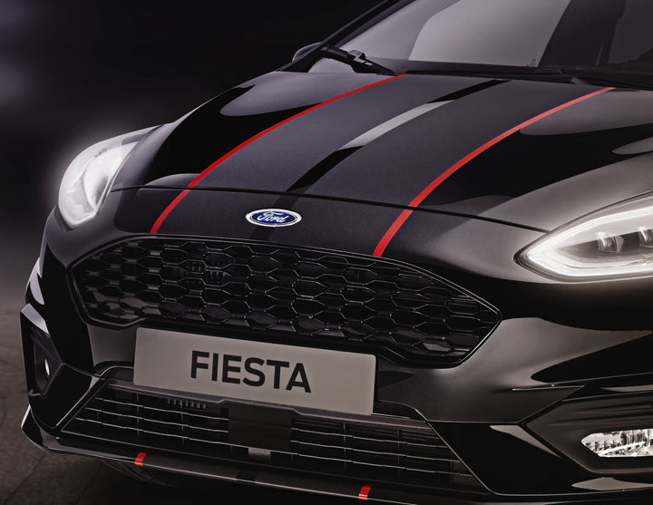 Original Ford Fiesta ab 2017 Zierstreifen für Motorhaube,mattschwarz/rotglänzend