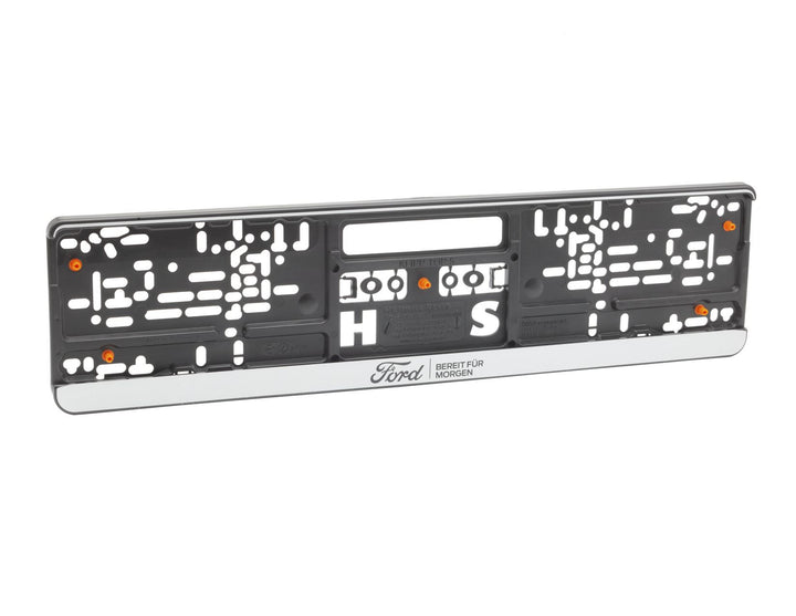 Original Ford Kennzeichenhalter silber „BEREIT FÜR MORGEN“, Ford-Emblem schwarz