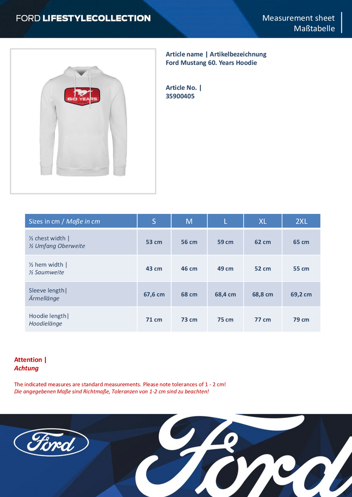 Ford Mustang 60. Years Hoodie weiß, L