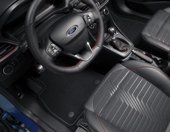 Original Ford Velours-Teppichfußmatten vorne, metallisch-graue Kontrastnähte