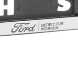 Original Ford Kennzeichenhalter silber „BEREIT FÜR MORGEN“, Ford-Emblem schwarz