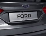 Original Ford Kennzeichenhalter silber „BEREIT FÜR MORGEN“, Ford-Emblem schwarz